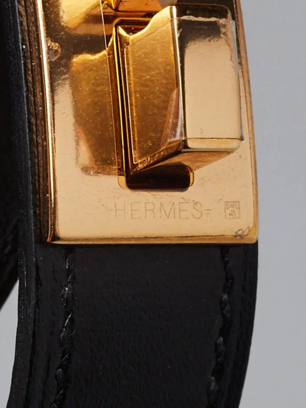Hermes Black Box Leather Gold Plated Drag Double Tour Bracelet Size T2 - Picture 4 of 8